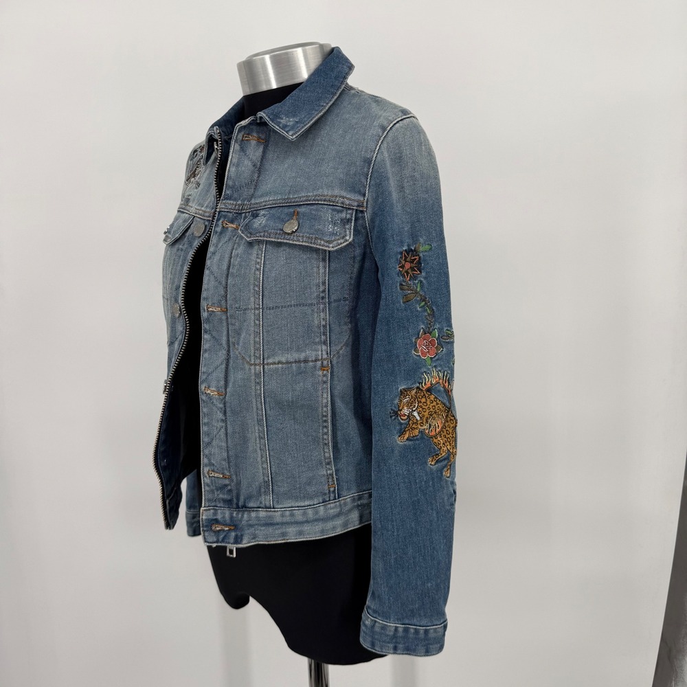 Zadig & Voltaire Zadig Kioky Embroidered Tattoo Denim Jacket Leopard Womens M - Picture 7 of 16